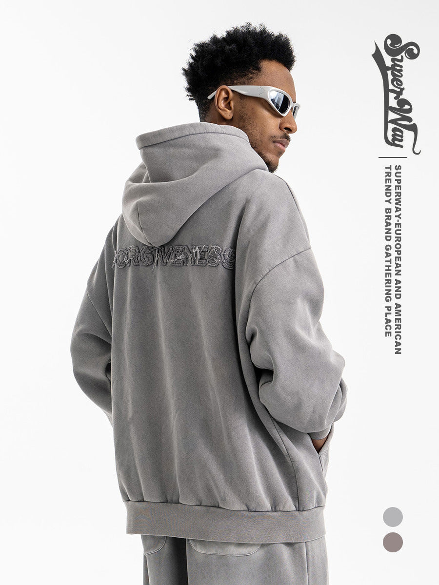 Retro Tassel Embroidered Letters Simple and Versatile Hooded Sweatshirt for Men