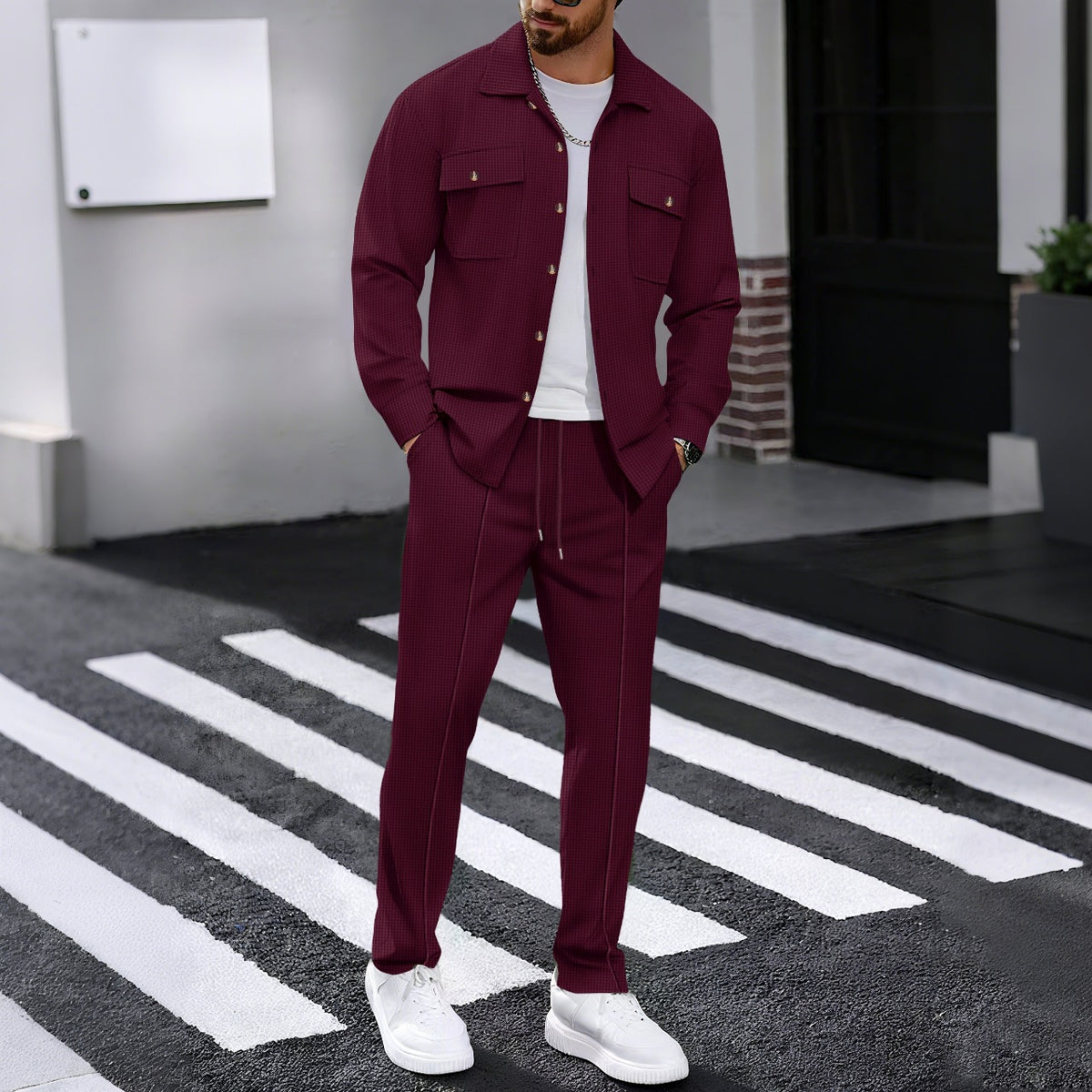 Waffle-pattern long-sleeve pants