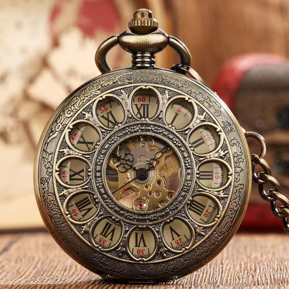 Engraved Mechanical Pocket Watch with Alloy Chain