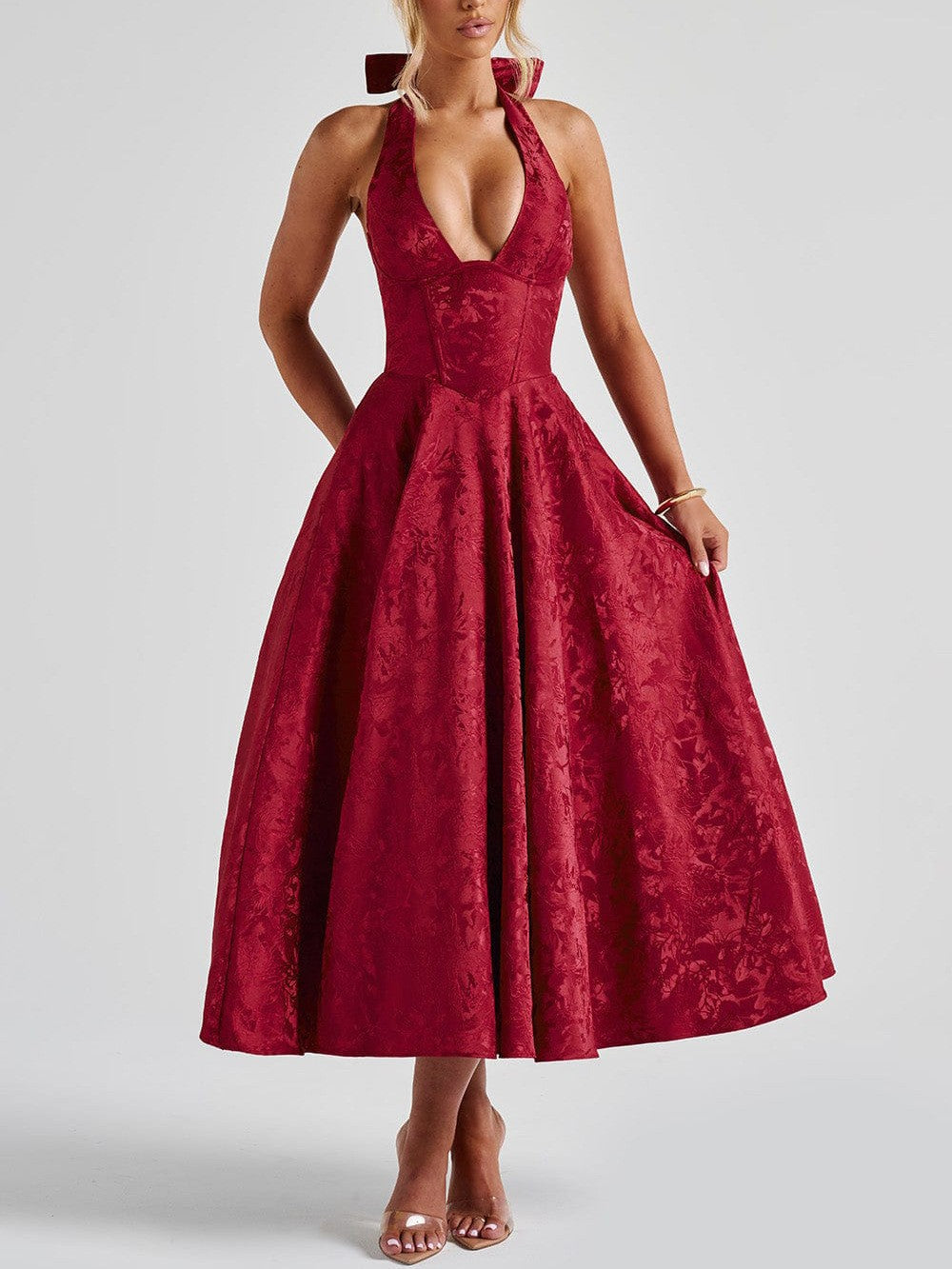 V-Neck Halter Jacquard Evening Dress