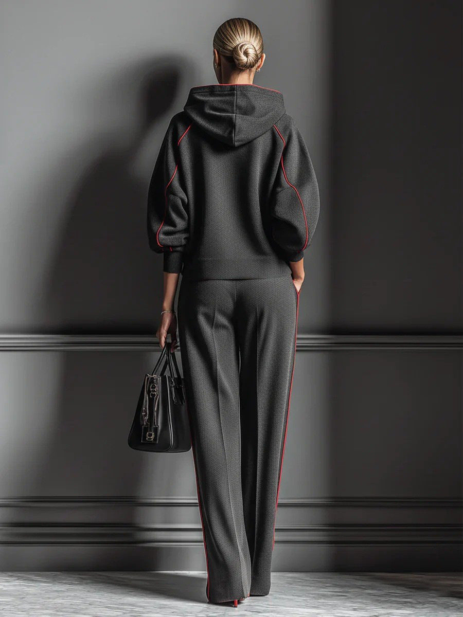 Women's Casual Color Block Hooded Sweatshirt and Pants Two-Piece Set