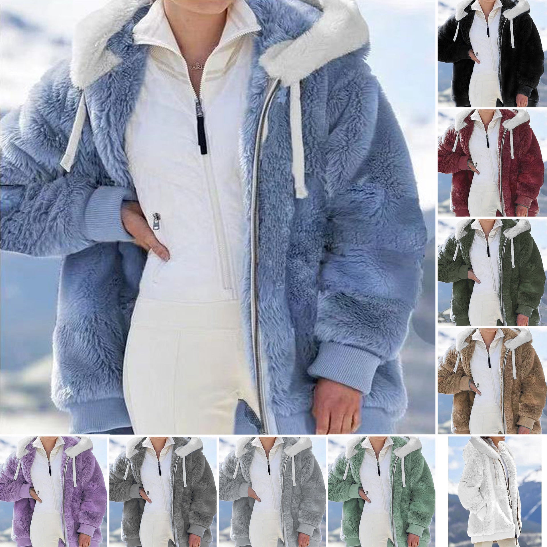 Womens Loose Fit Plush Zipper Hooded Jacket