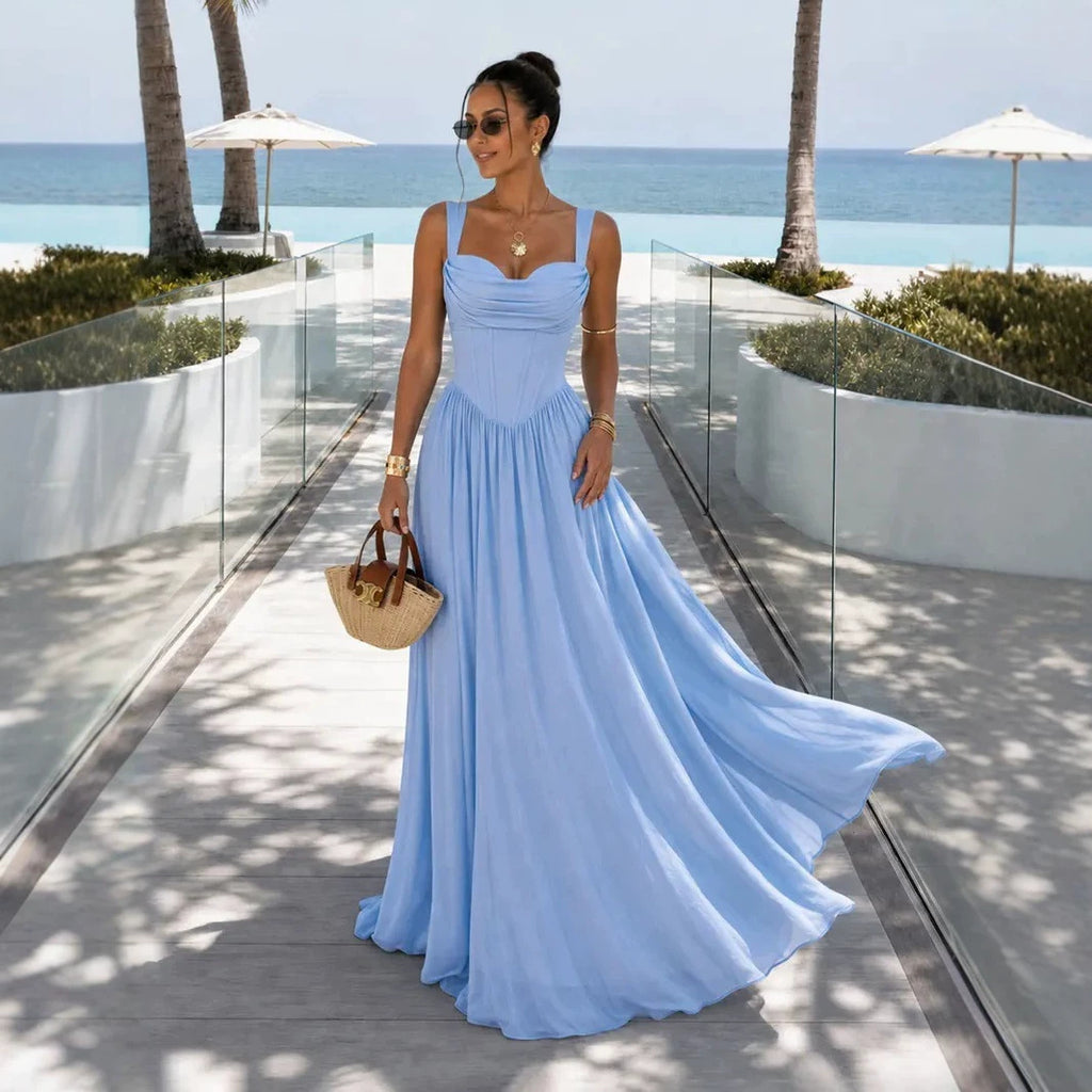 French Fishbone Waist Evening Gown Strapless Ruched Long Dress