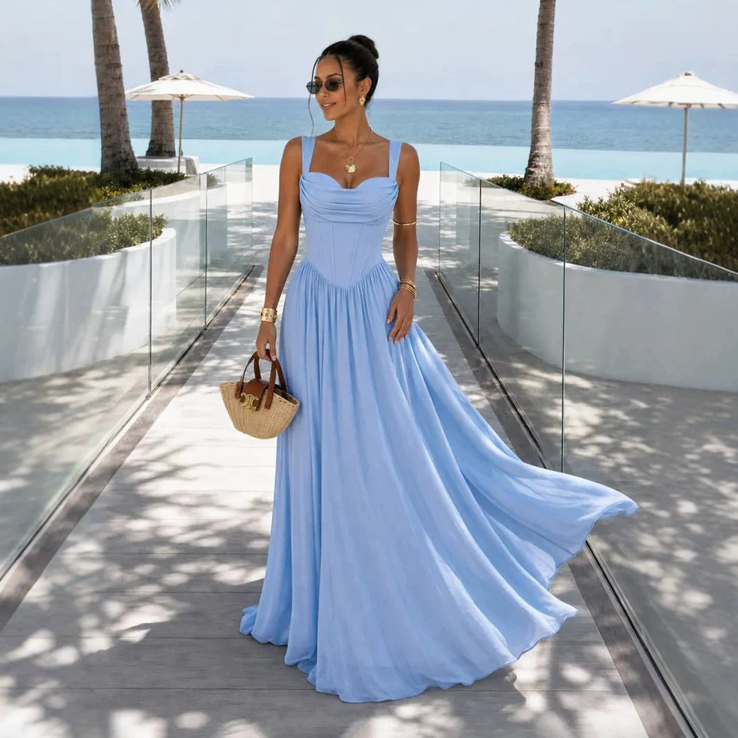 French Fishbone Waist Evening Gown Strapless Ruched Long Dress