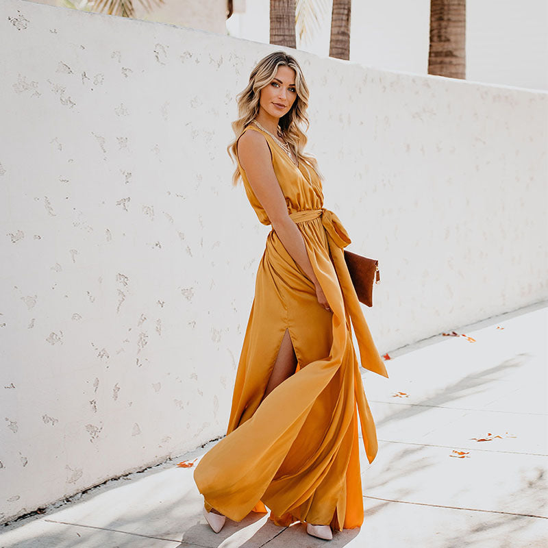 2026 Cross-Border Plus-Size Women's New Bohemian Style Solid Color V-Neck Sleeveless High-Slit Plus-Size Long Dress
