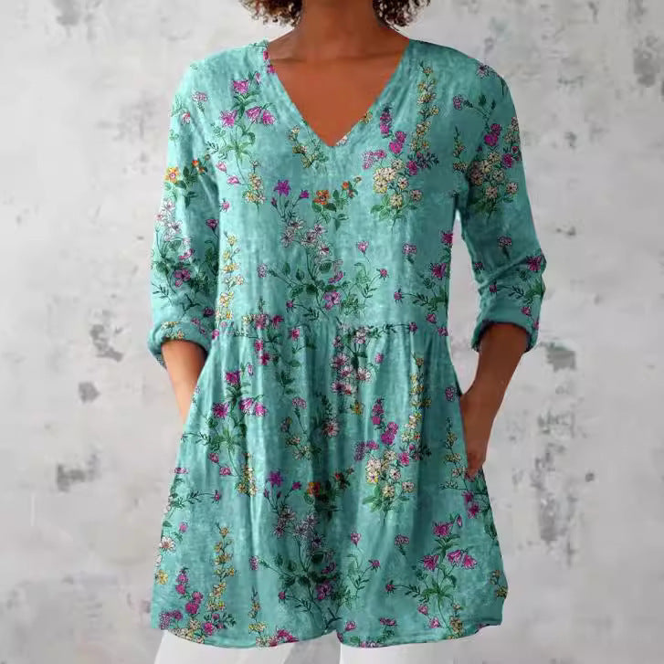 Womens 3D Printed Loose V-Neck Short Sleeve Dress