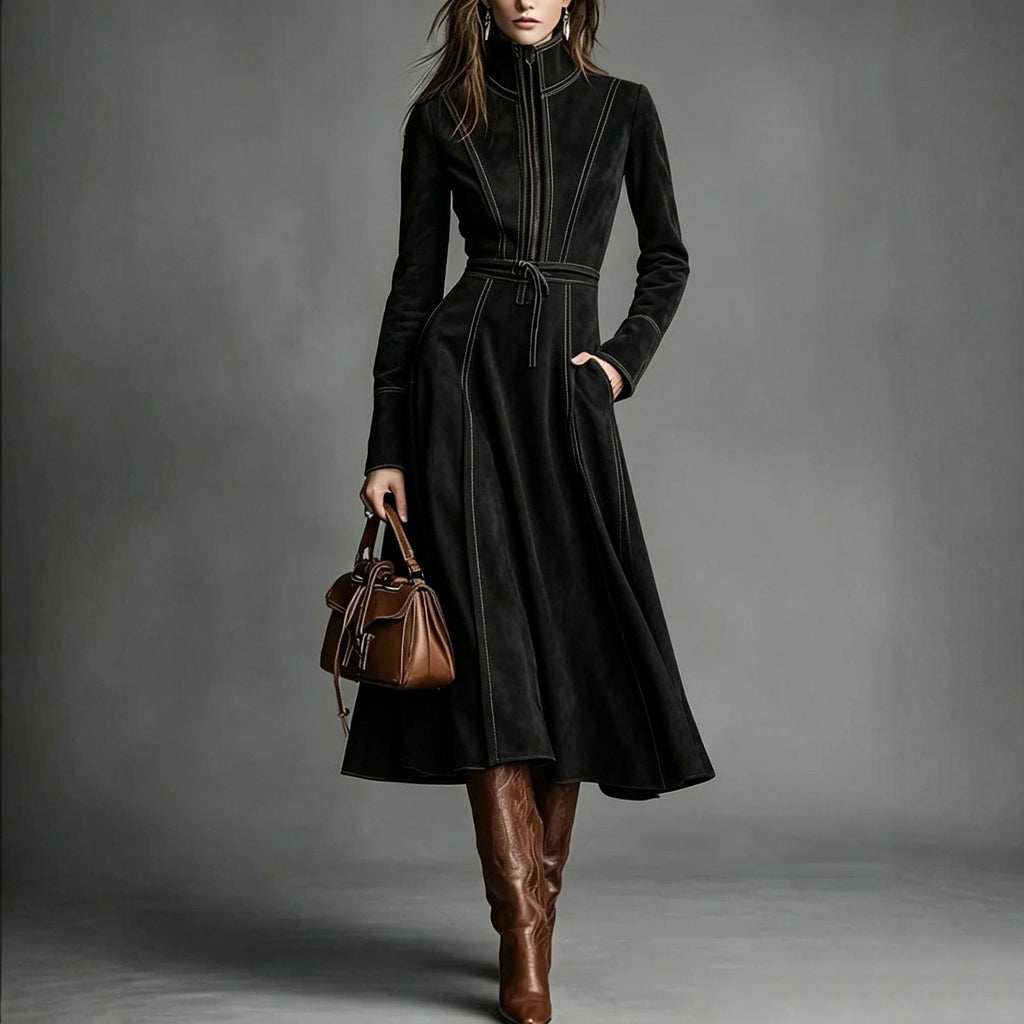 Women's Retro Suede Stand Collar Zipper A-Line Long Dress