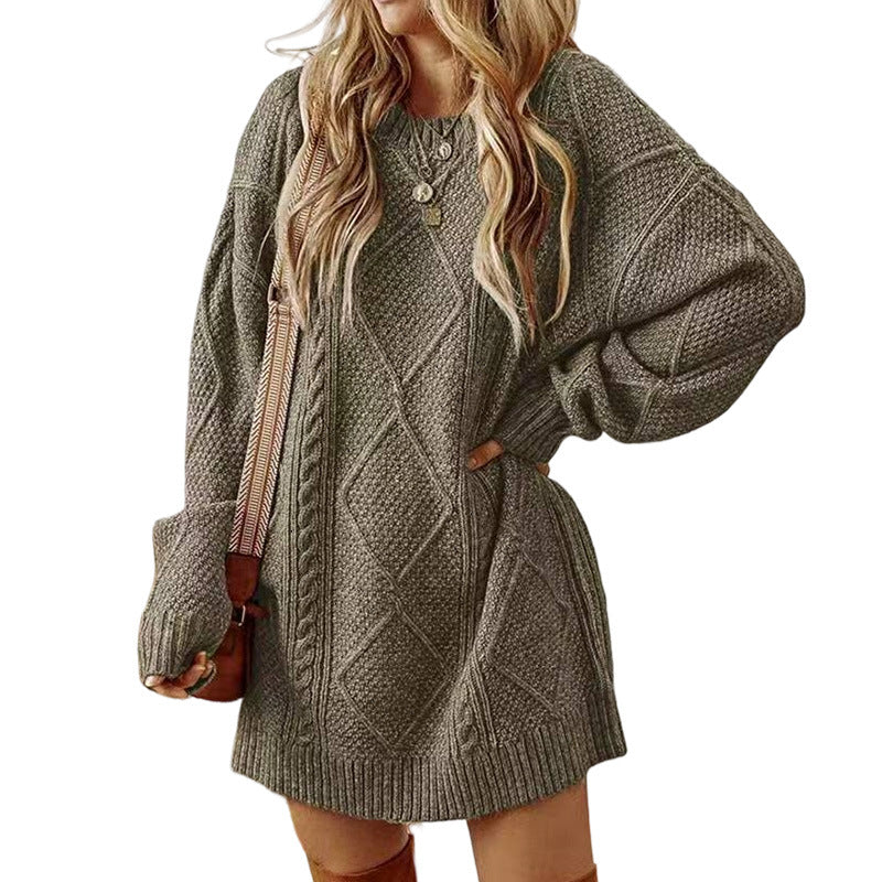 Women's Arctic Velvet Twist Pattern Mid-Length Loose Pullover Sweater