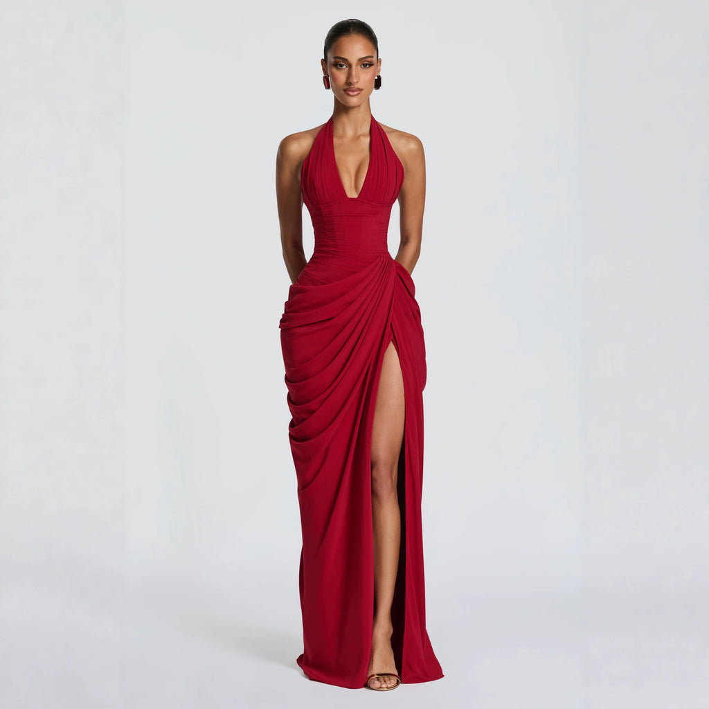 Women Halter V-Neck Pleated Bodycon Dress