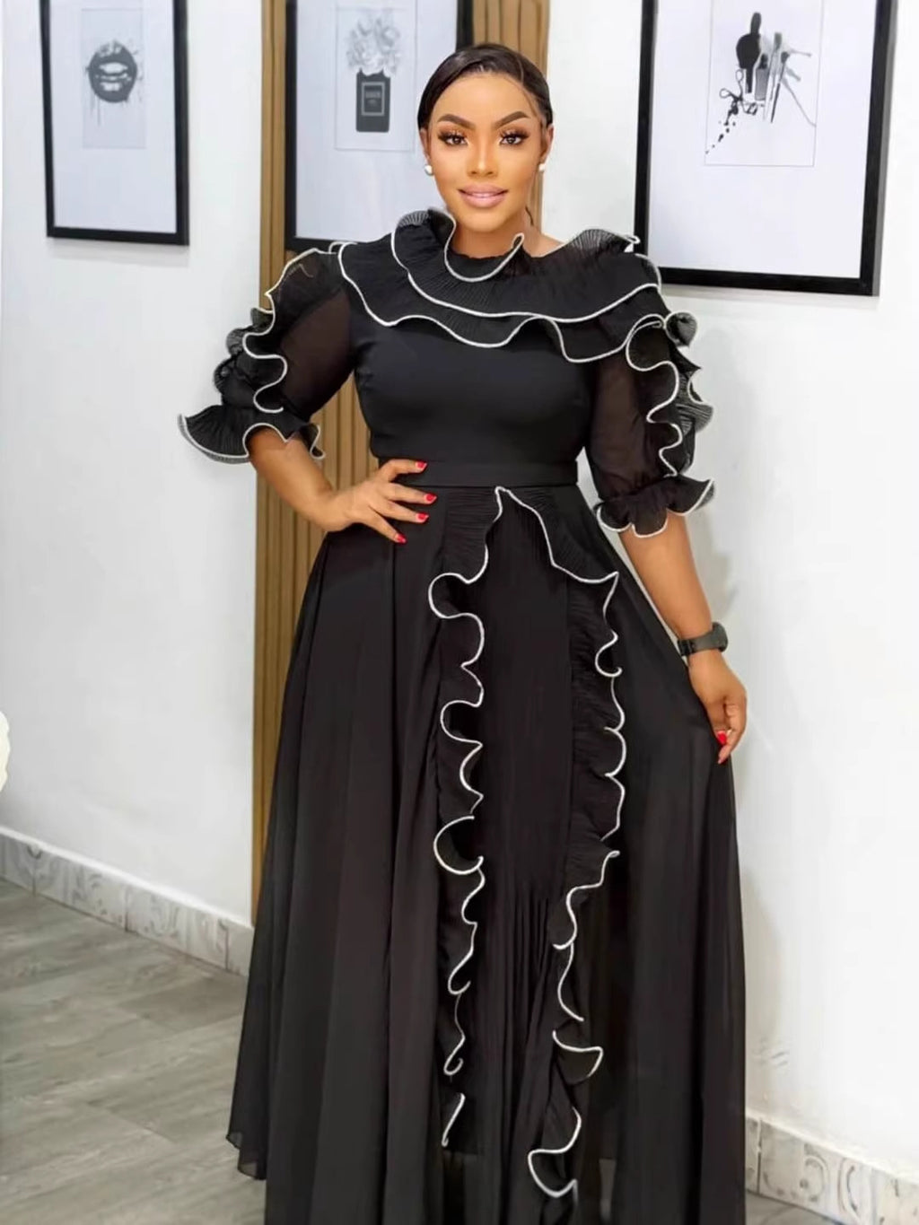 Elegant Ruffled Waist-Cinching Chiffon Dress