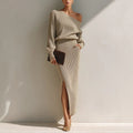 Women's Asymmetrical Shoulder Ribbed Knit Top and Slit Long Skirt Set