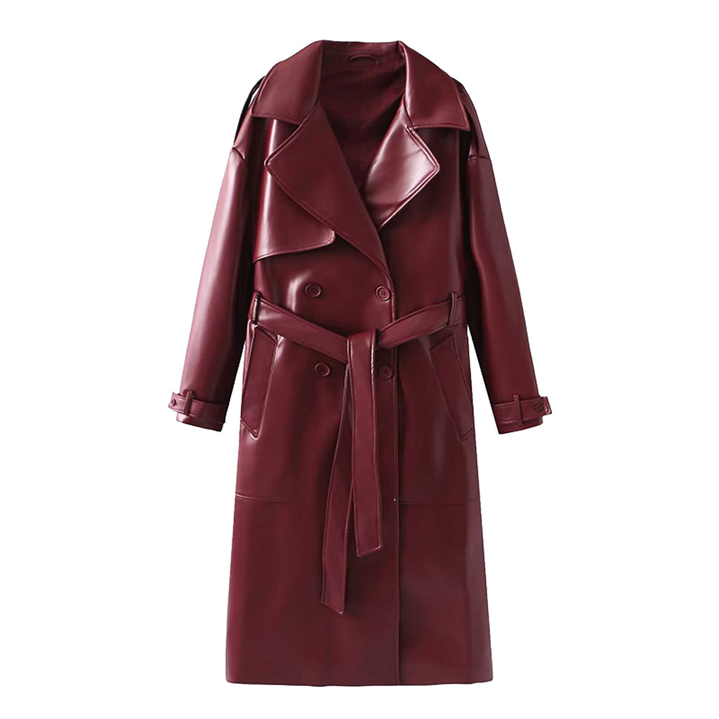 Women's Retro PU Leather Trench Coat
