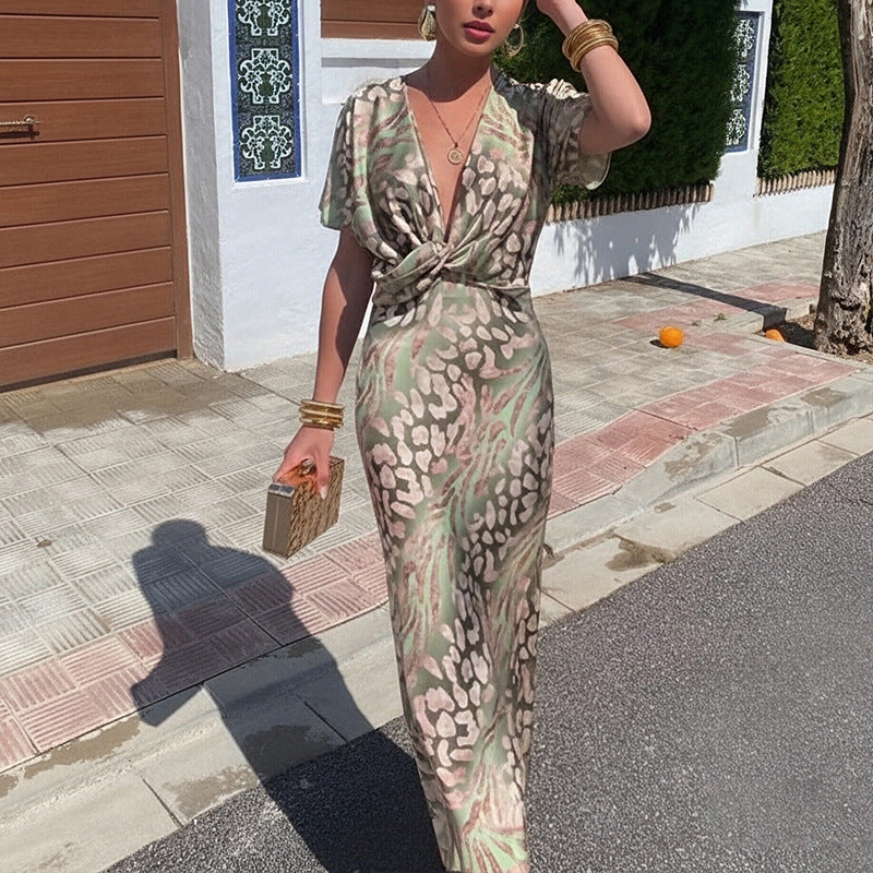 Summer Fashion Knotted Print V-Neck High-Waist Dress