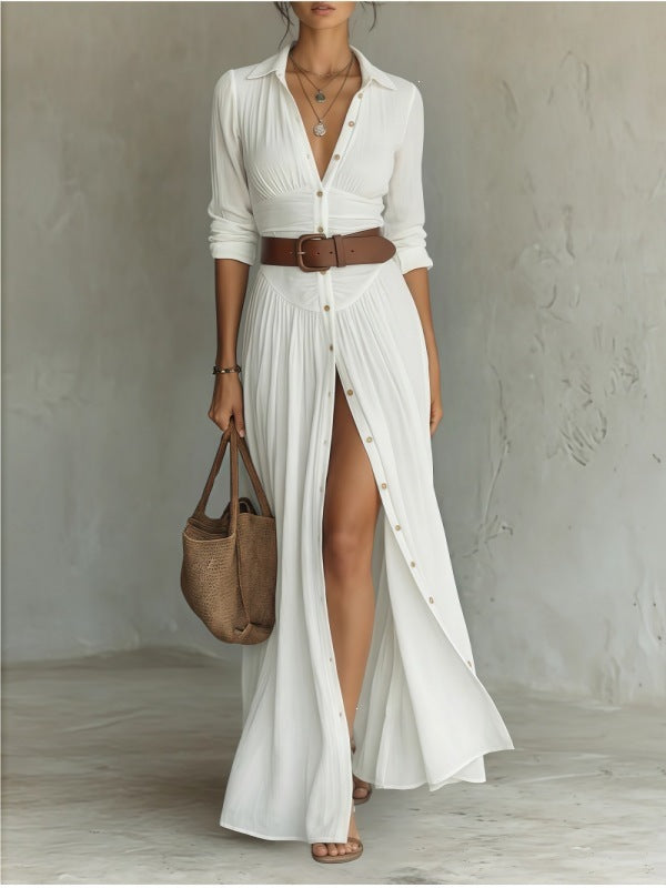 Womens V-Neck Belted Shirt Dress