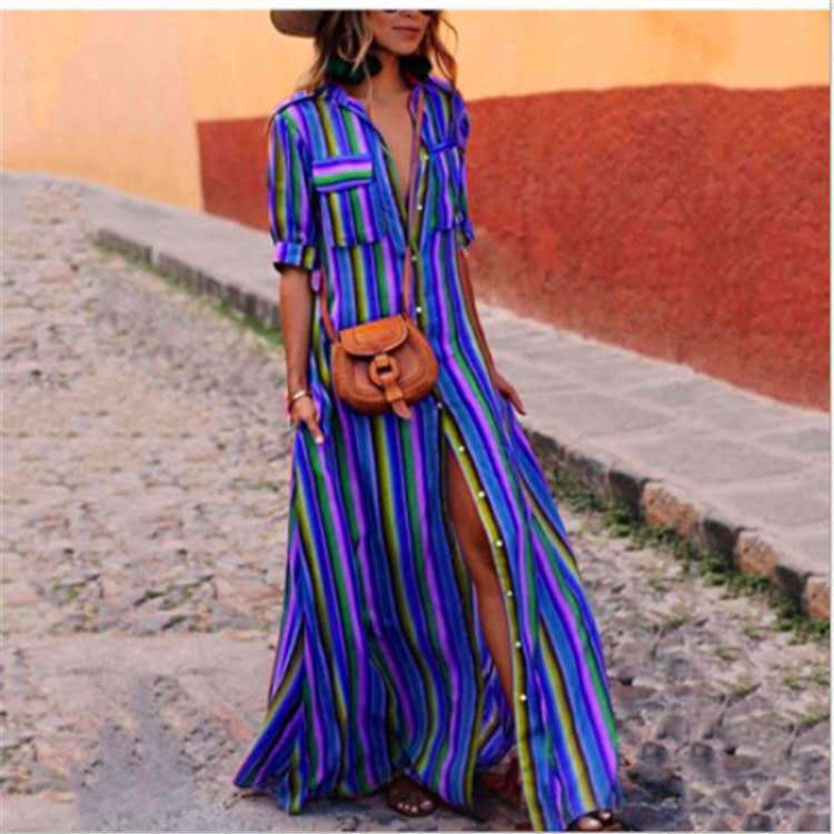 Womens Short Sleeve Stripe Shirt Dress Single Breasted