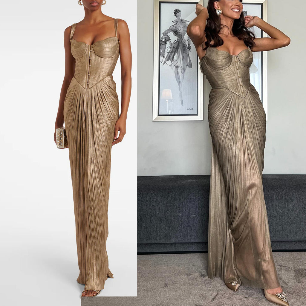 Pleated Gold Lace Up Dress