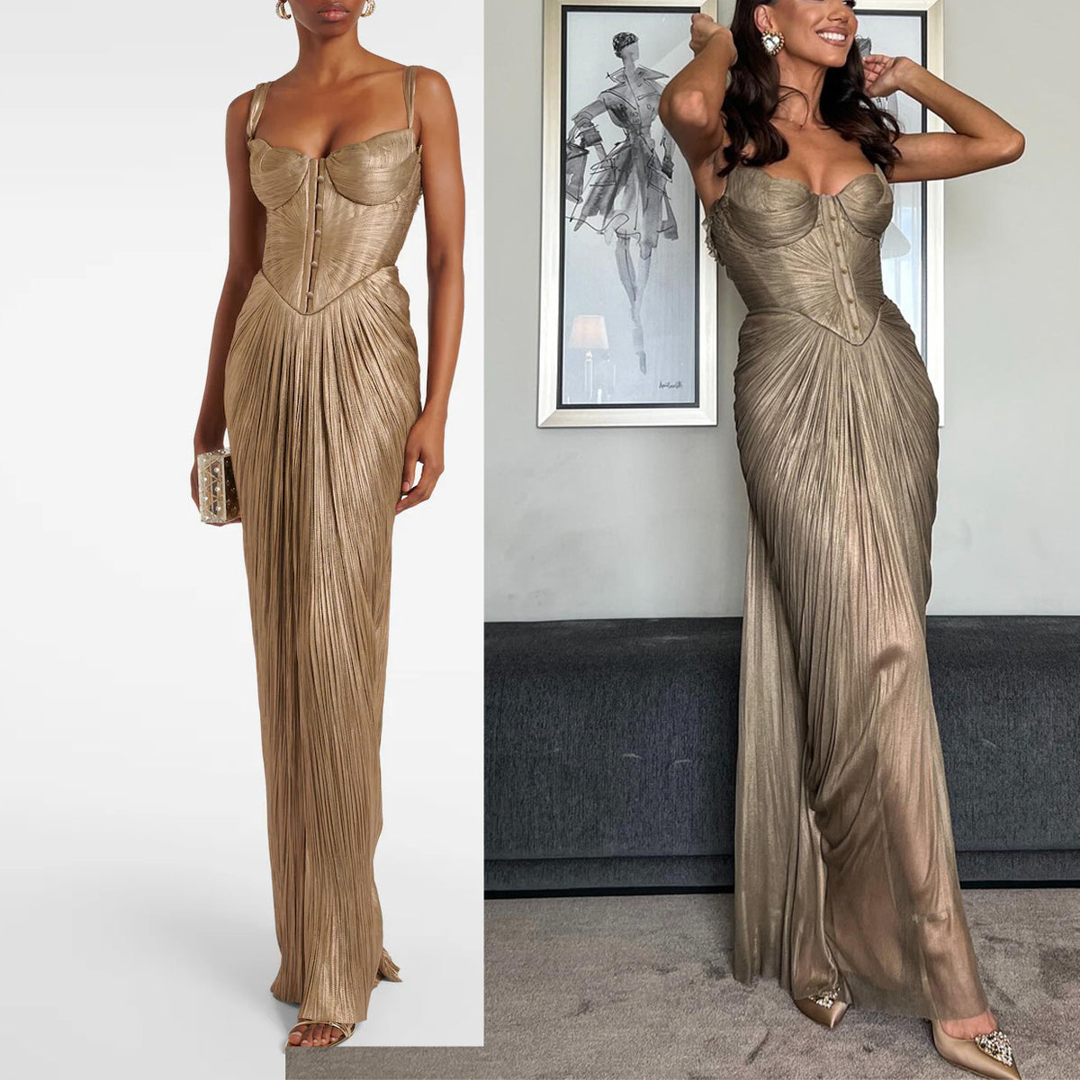 Pleated Gold Lace Up Dress