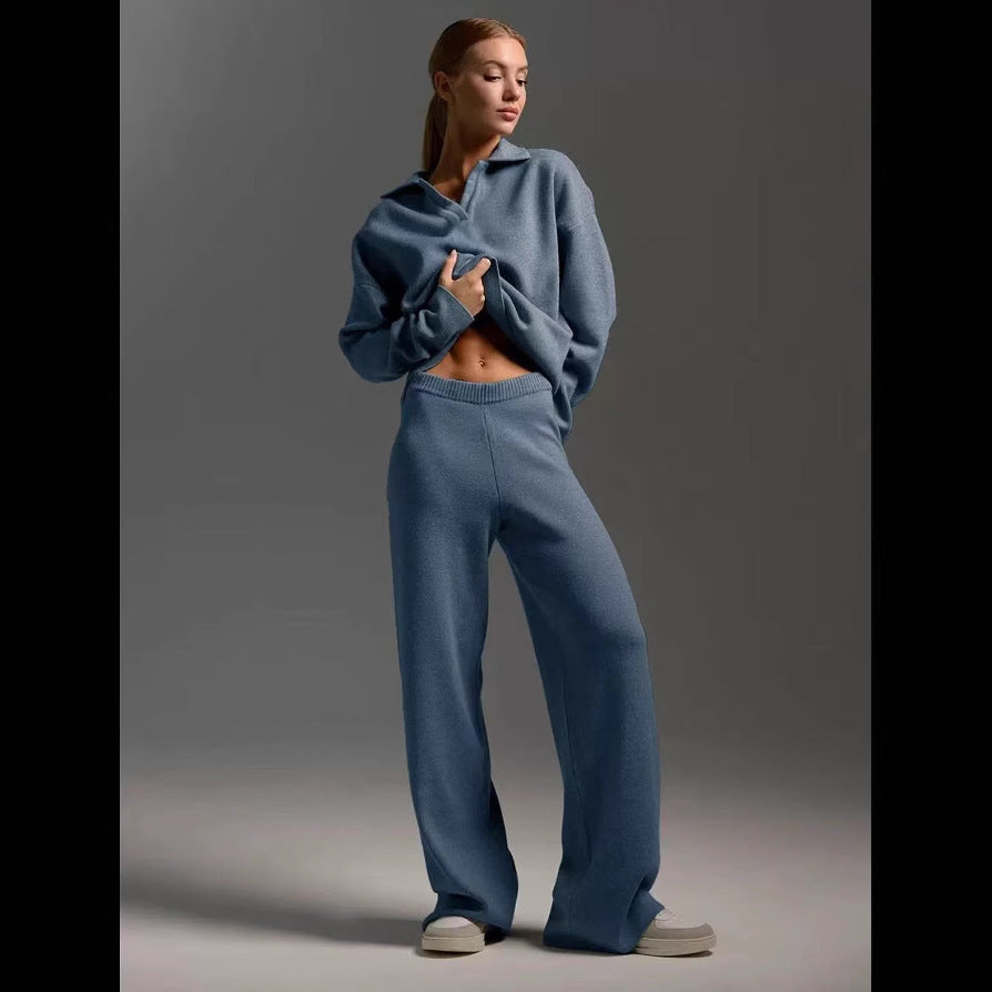 Women's Two-Piece Knit Set Polo Collar Pullover and Wide-Leg Pants