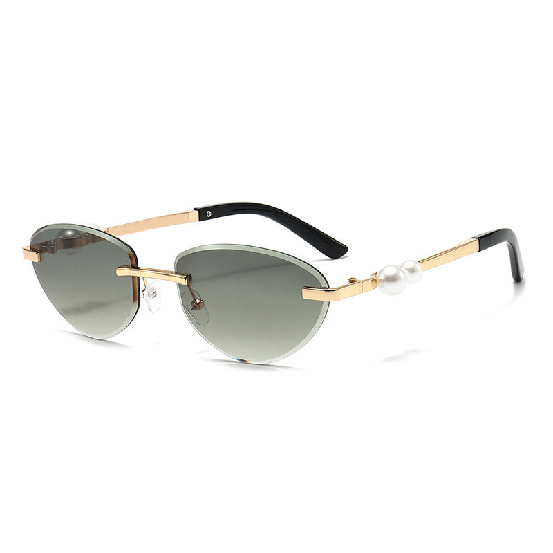 Frameless Cat Eye Sunglasses with Pearl Decor