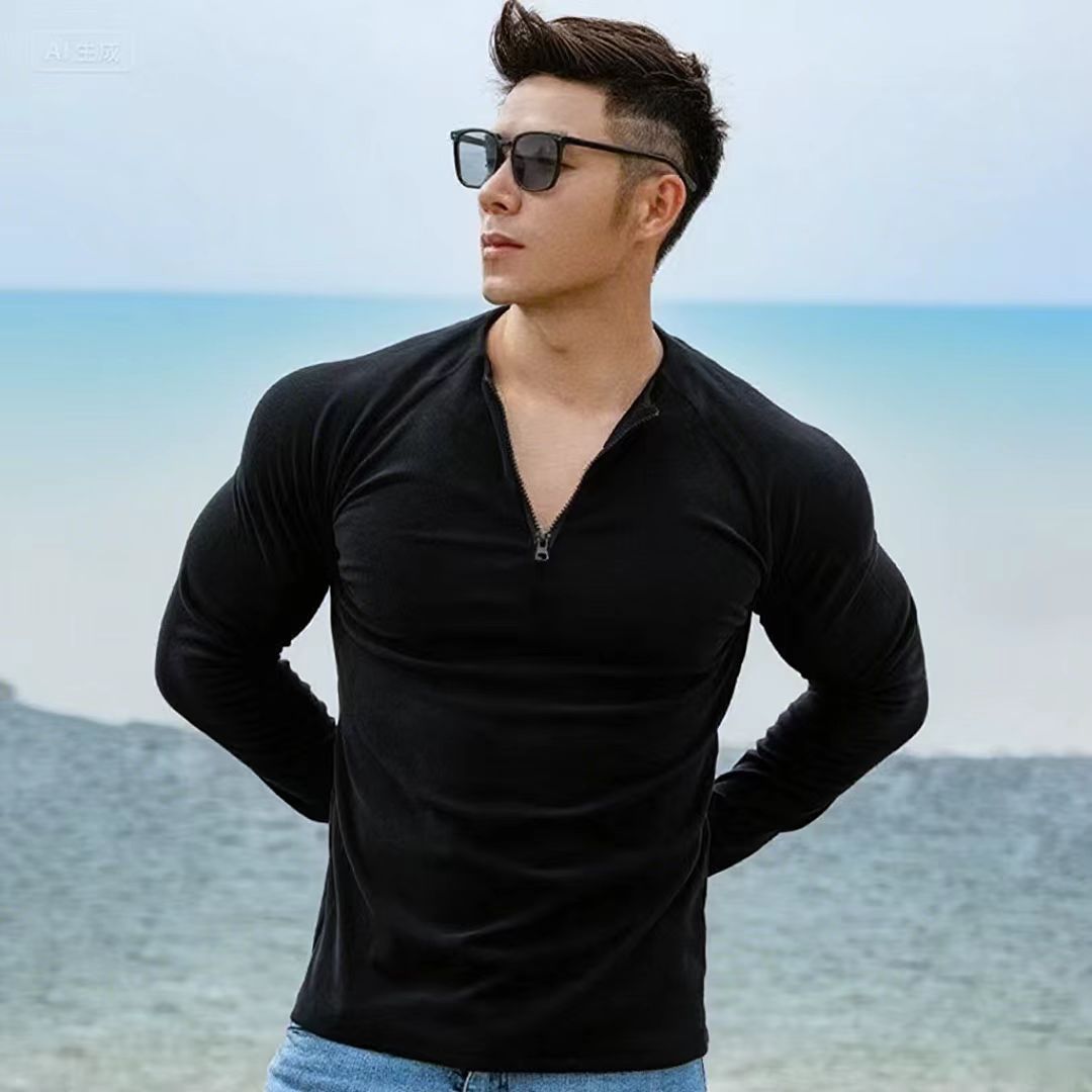 Men's Half-Zip Long-Sleeve High-Elastic Quick-Dry Slim Fit Sports T-Shirt