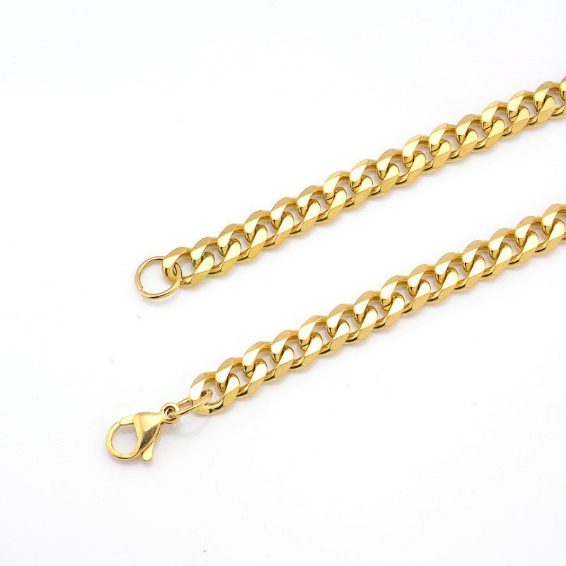 Six-Sided Mill Cuban Chain Necklace Bracelet Stainless Steel Hip Hop Jewelry