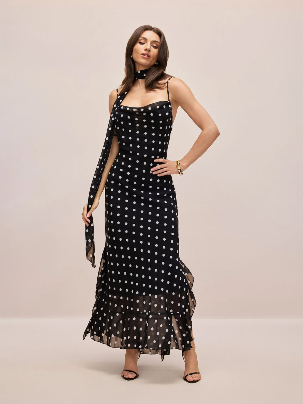Women's Retro Polka Dot Ribbon Strap Slim Fit Long Dress