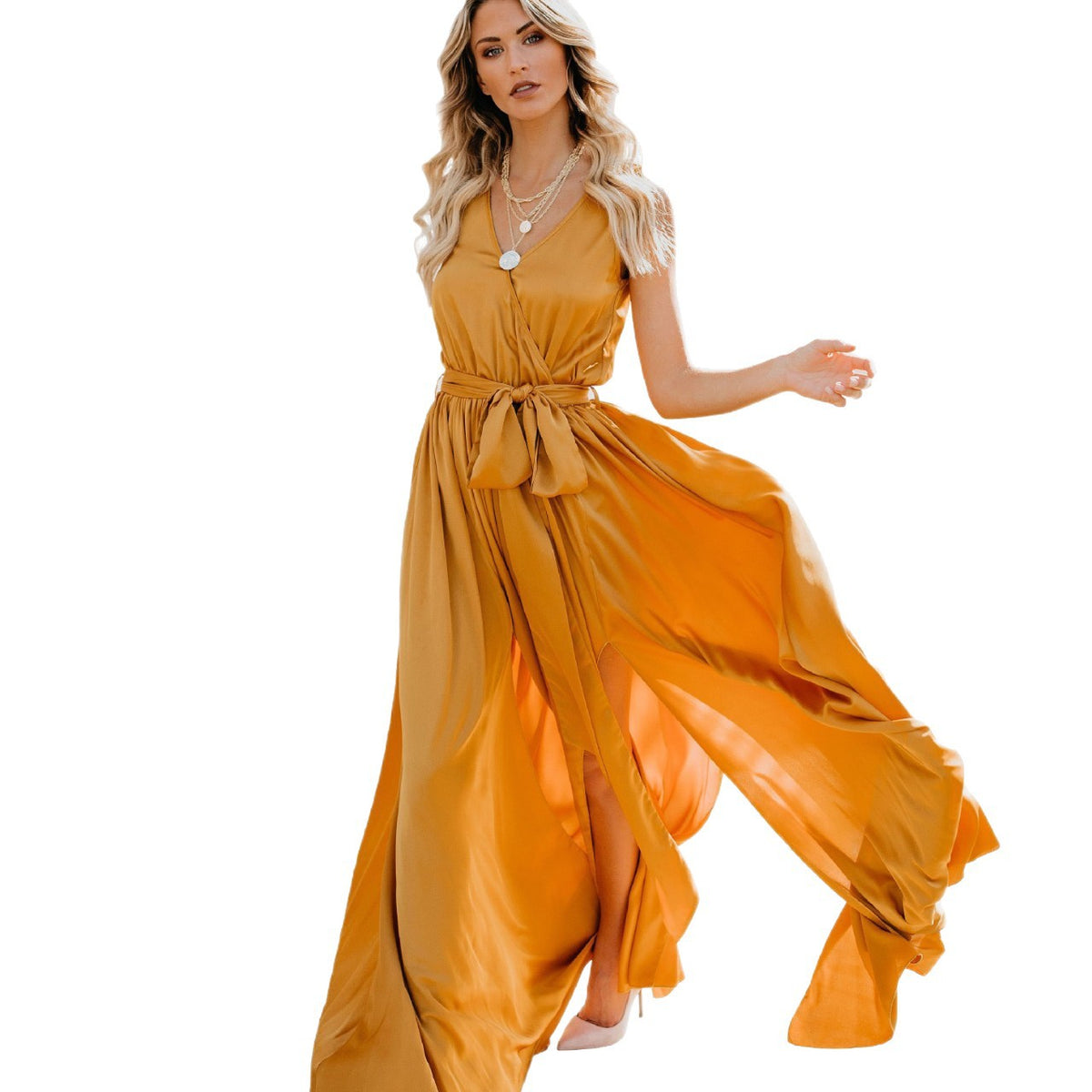 2026 Cross-Border Plus-Size Women's New Bohemian Style Solid Color V-Neck Sleeveless High-Slit Plus-Size Long Dress