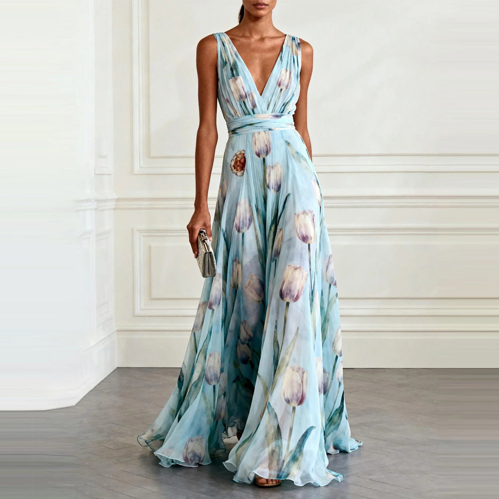 Womens Floral Print Sleeveless V-Neck Irregular Long Dress
