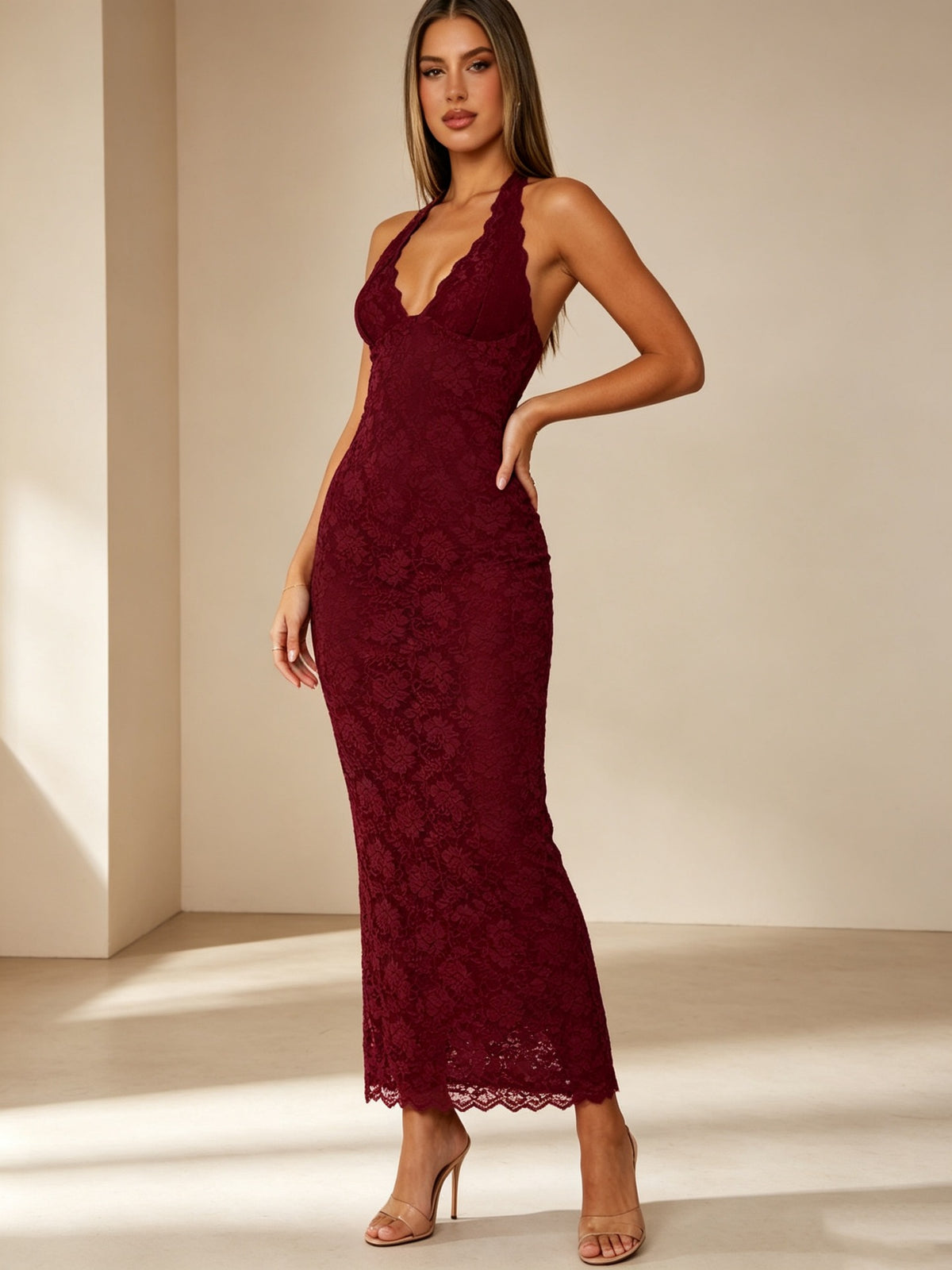 Women's Lace Halter Neck Bodycon Long Dress Sleeveless Backless V-Neck