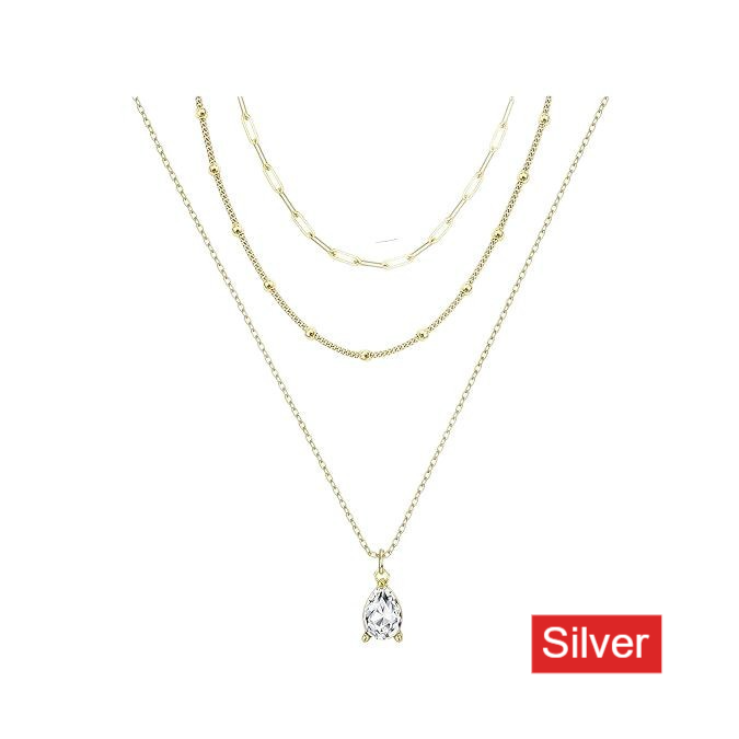 Minimalist Three-Layer Imitation Pearl Teardrop Crystal Pendant Necklace Stainless Steel Clavicle Chain for Women
