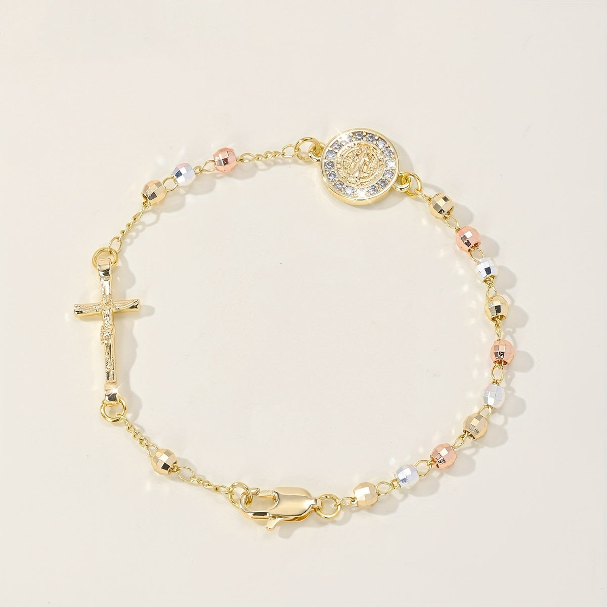Cross-shaped diamond-studded bead necklace bracelet
