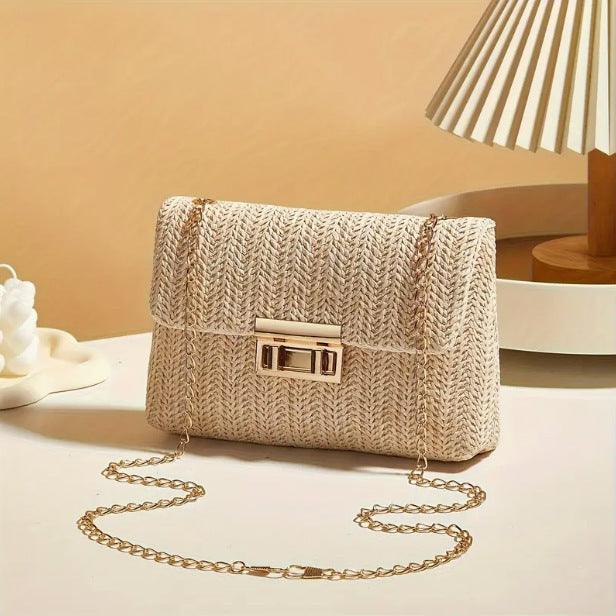 Straw Double-Ended Lock Shoulder Bag Chain Crossbody Bag