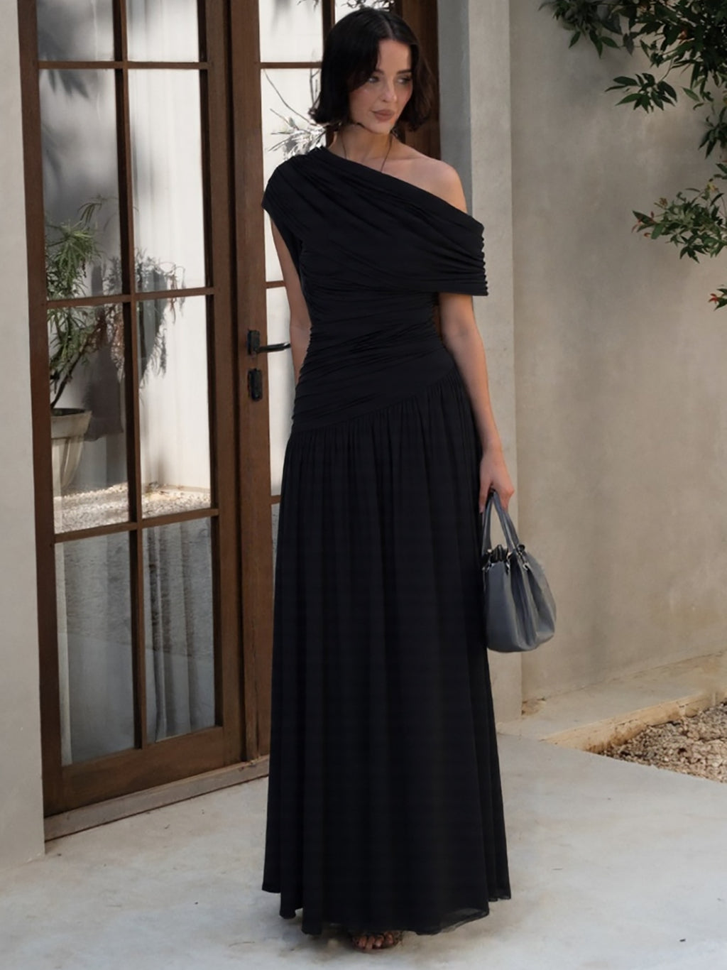 Womens Asymmetrical Neckline Pleated Dress