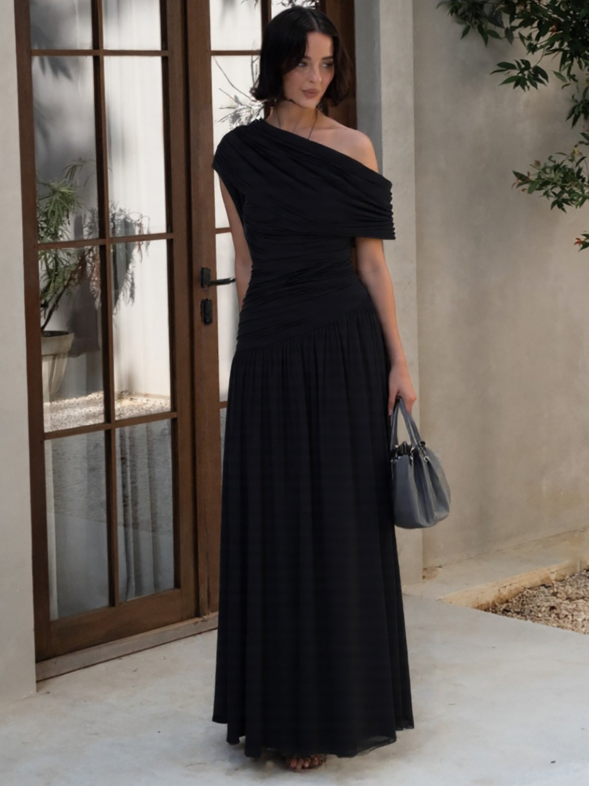 Womens Asymmetrical Neckline Pleated Dress