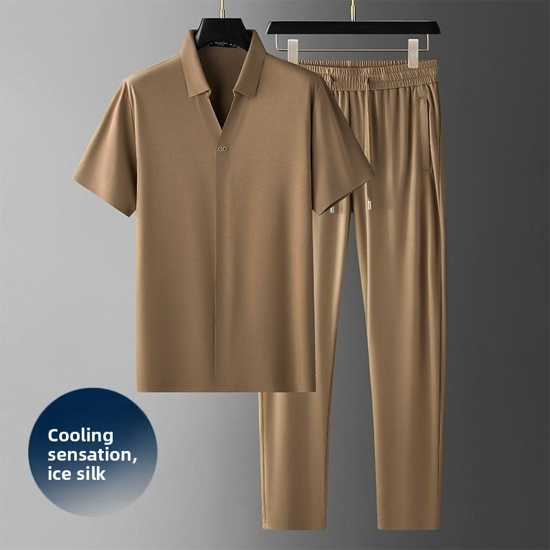 Men's Ice Silk Casual Short Sleeve Top and Pants Set