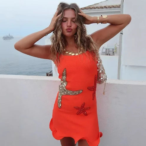 Sleeveless Square Neck Dress with Starfish Pattern