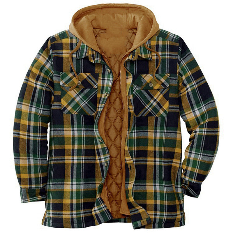 Mens Plaid Hooded Quilted Jacket