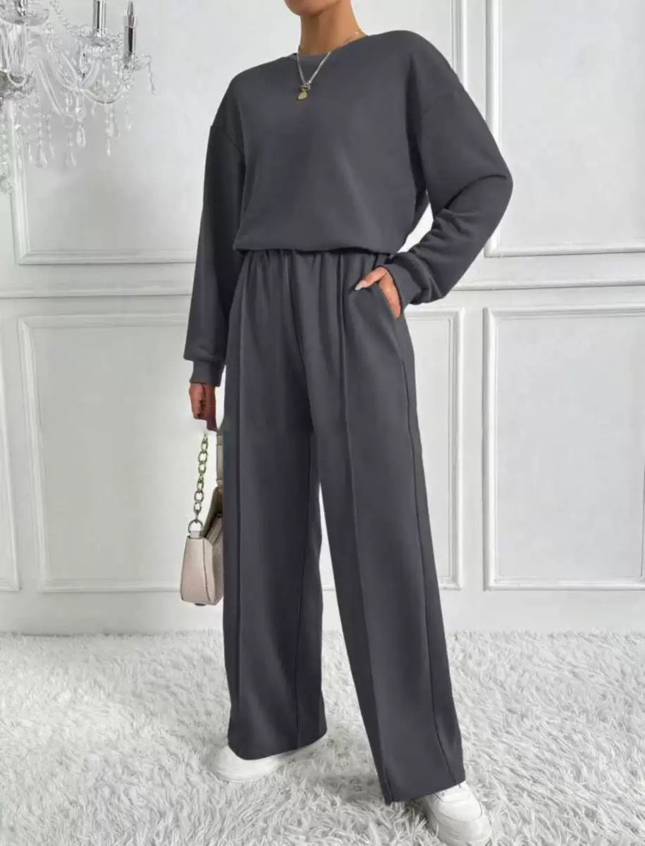 Women's Solid Color Round Neck Long Sleeve Pants Suit Casual Two-Piece Set