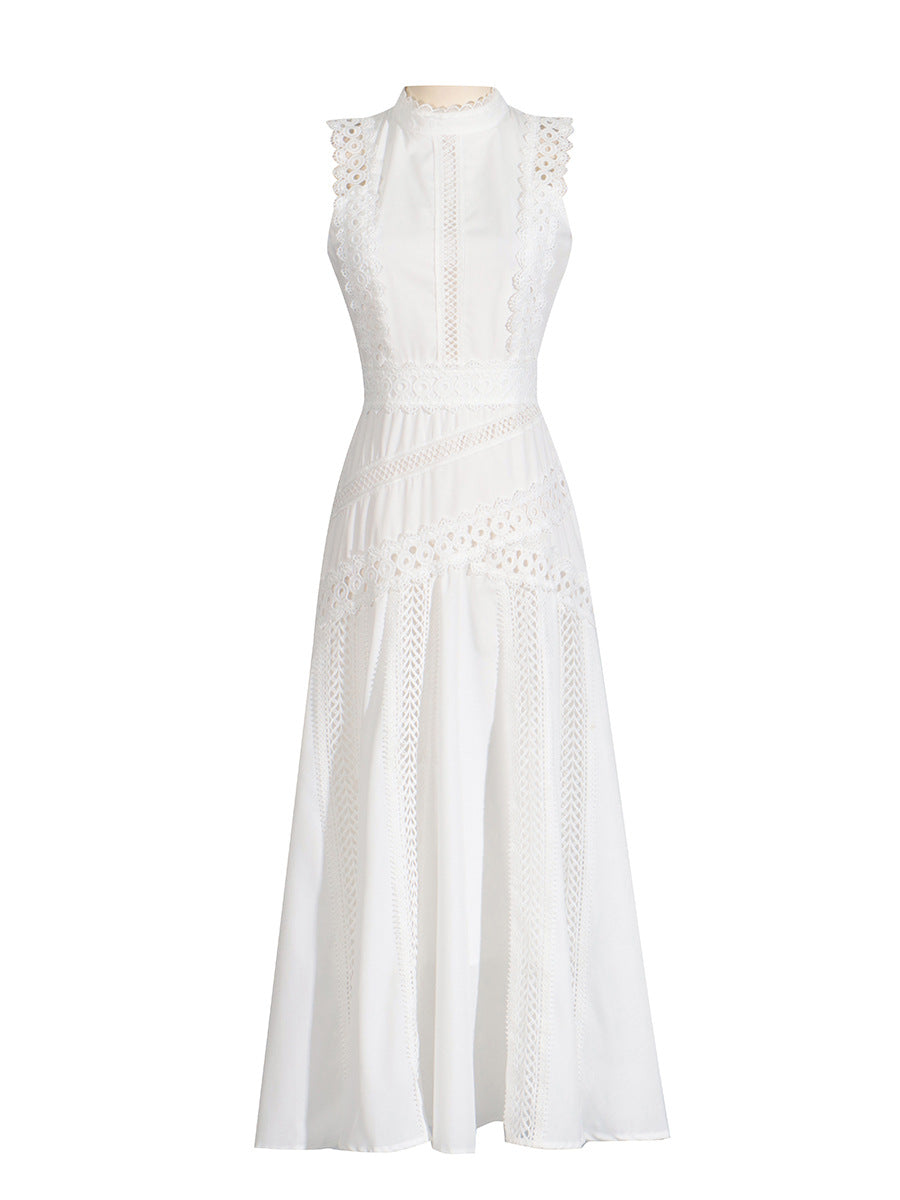 French Retro Sleeveless Lace Trim Dress