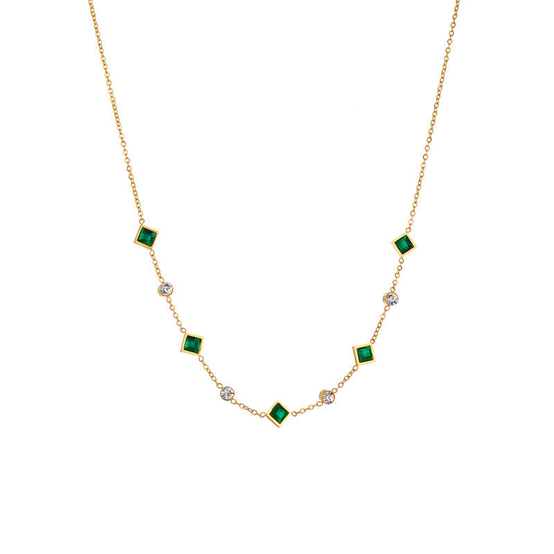 Gold-Plated Titanium Steel Square Emerald Inlaid Rhinestone Necklace