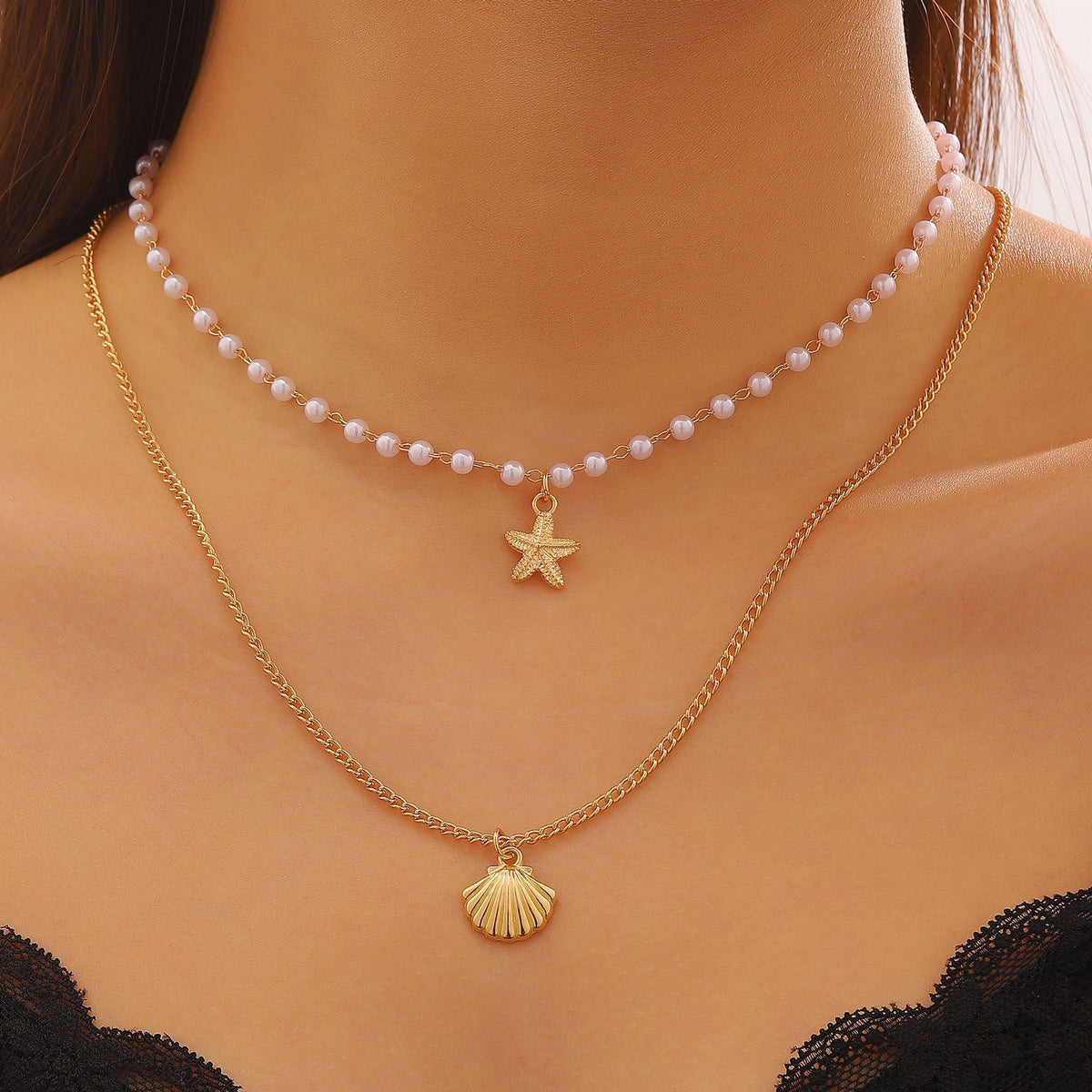 Layered Shell Pearl Starfish Pendant Bohemian Necklace