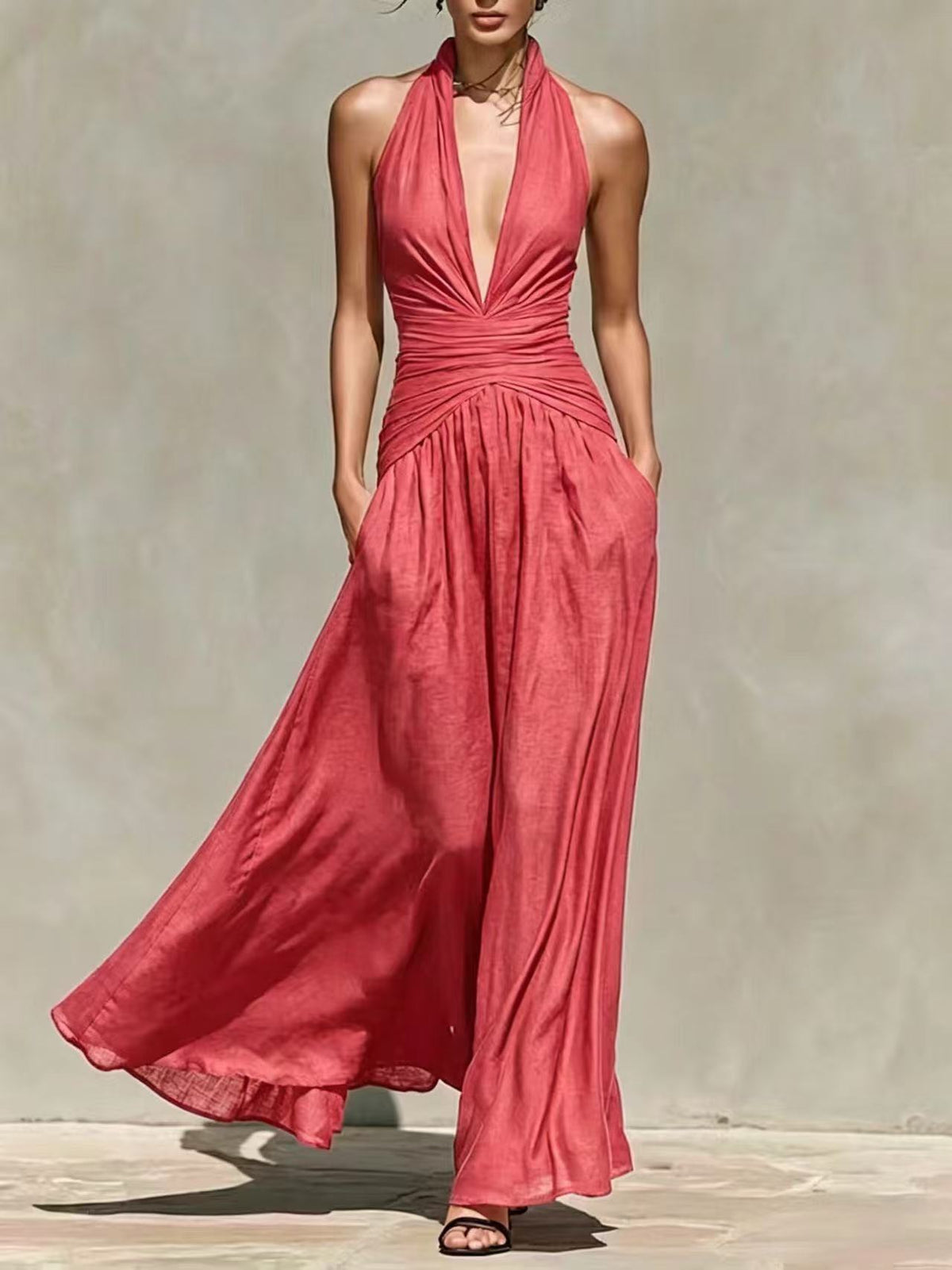 Elegant Halter Neck Deep V-Neck Dress