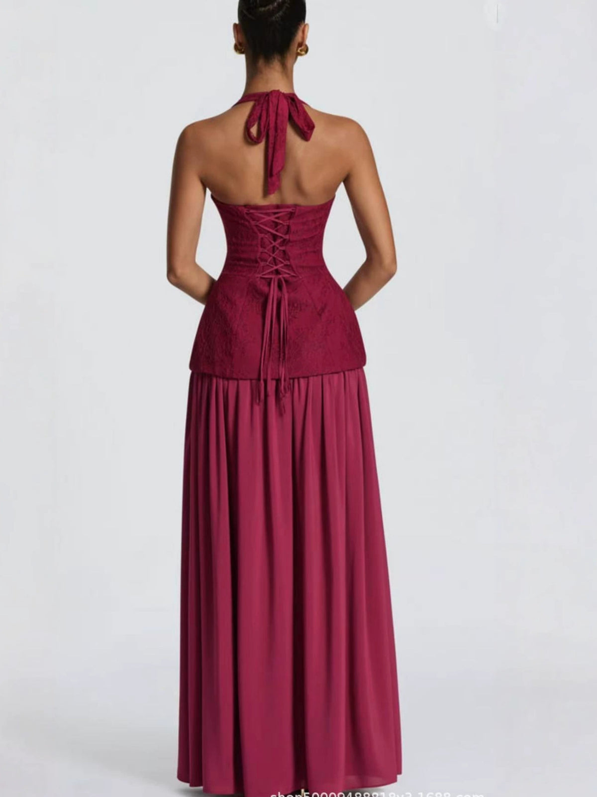 French-Style Halter Neck Lace Spliced Long Dress with Slit