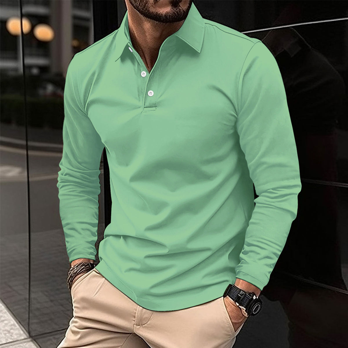 Mens Long Sleeve Solid Color Polo Shirt Casual Cotton Blend Button Down
