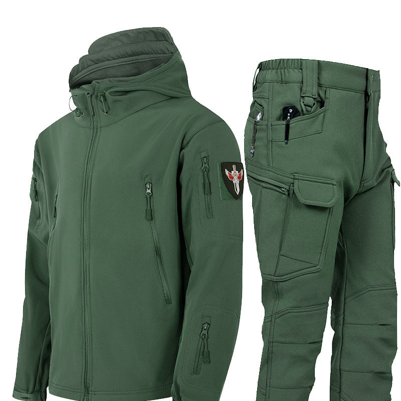 Men's Waterproof Tactical Jacket Set with Fleece Lining Sharkskin Outdoor Hunting Clothing