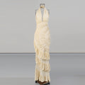 Apricot Halter Neck Backless Long Dress Women Pleated Ruffle Fishtail Evening Gown