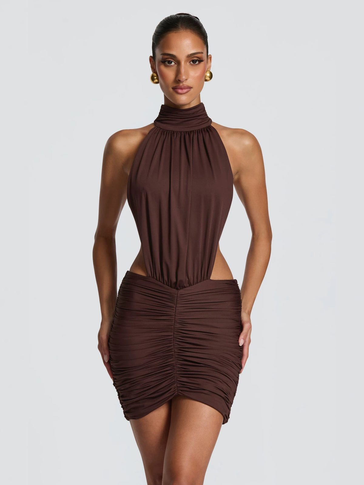 Women's Halter Neck Cut-Out Ruched Bodycon Mini Dress Sleeveless