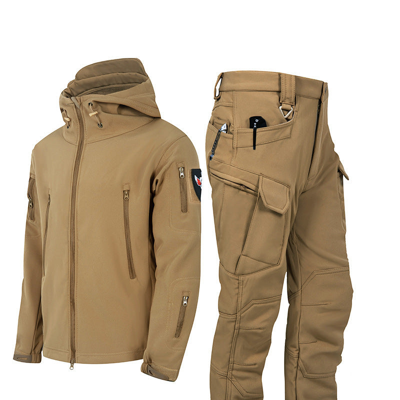 Men's Waterproof Tactical Jacket Set with Fleece Lining Sharkskin Outdoor Hunting Clothing