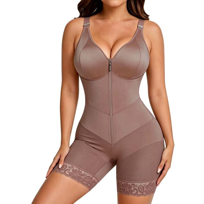 Front Zipper Shapewear Bodysuit with Lace Trim
