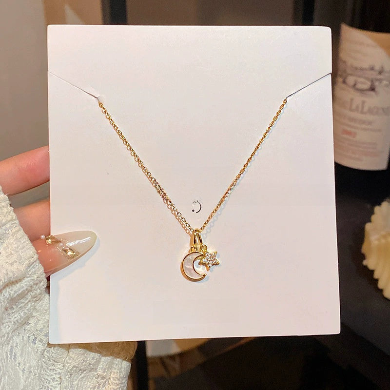 Elegant Titanium Steel Zircon Pearl Pendant Necklace